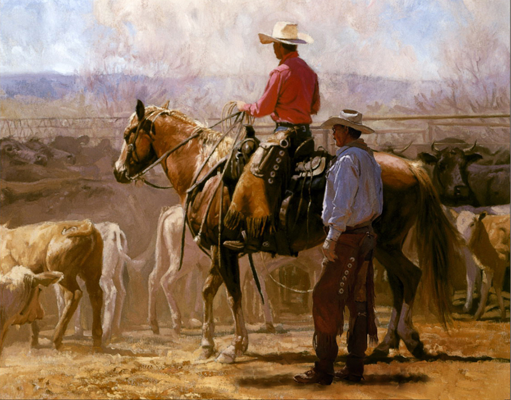 cowboys and their cattles at farm western original Oil Paintings